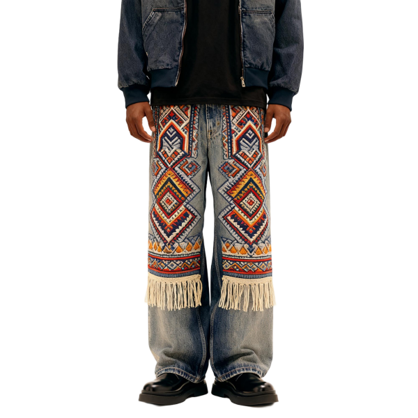 Ethnic Pattern & Fringe Decor Oversized Denim Jeans