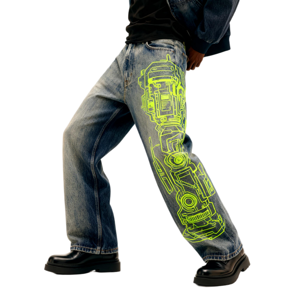 Neon Robot Blueprint Print Oversized Denim Jeans