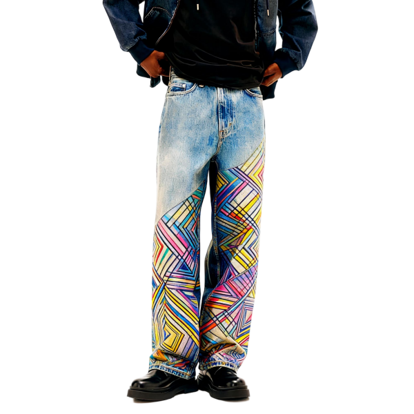 Colorful Geometric Pattern Oversized Denim Jeans