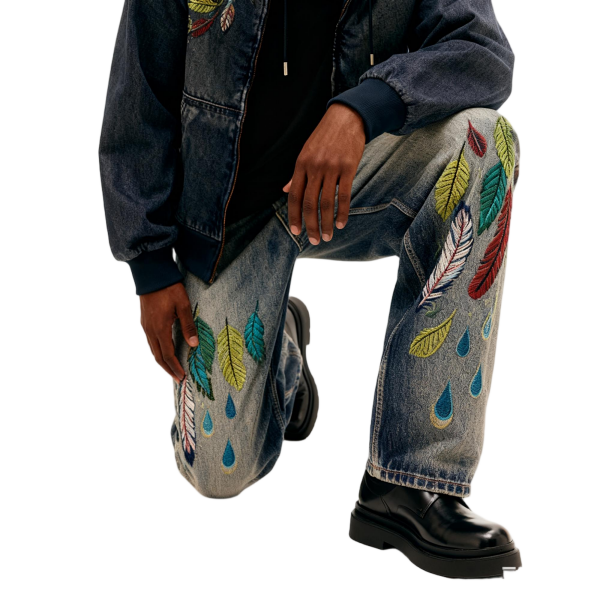 Feather & Droplet Embroidery Oversized Denim Jeans