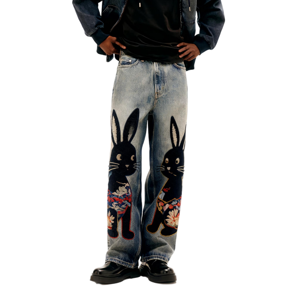 Rabbit Pattern Embroidered Oversized Denim Jeans