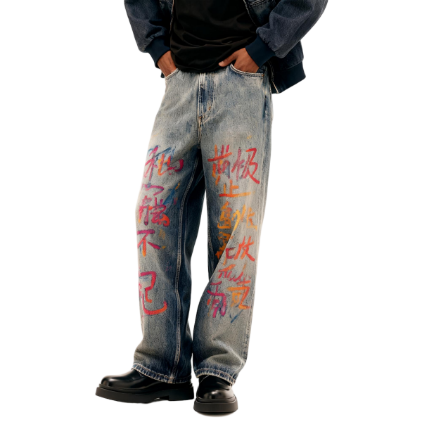 Handwritten Character Print Oversized Denim Jeans