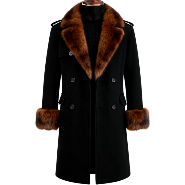 Black Fur-trim Double-breasted Overcoat
